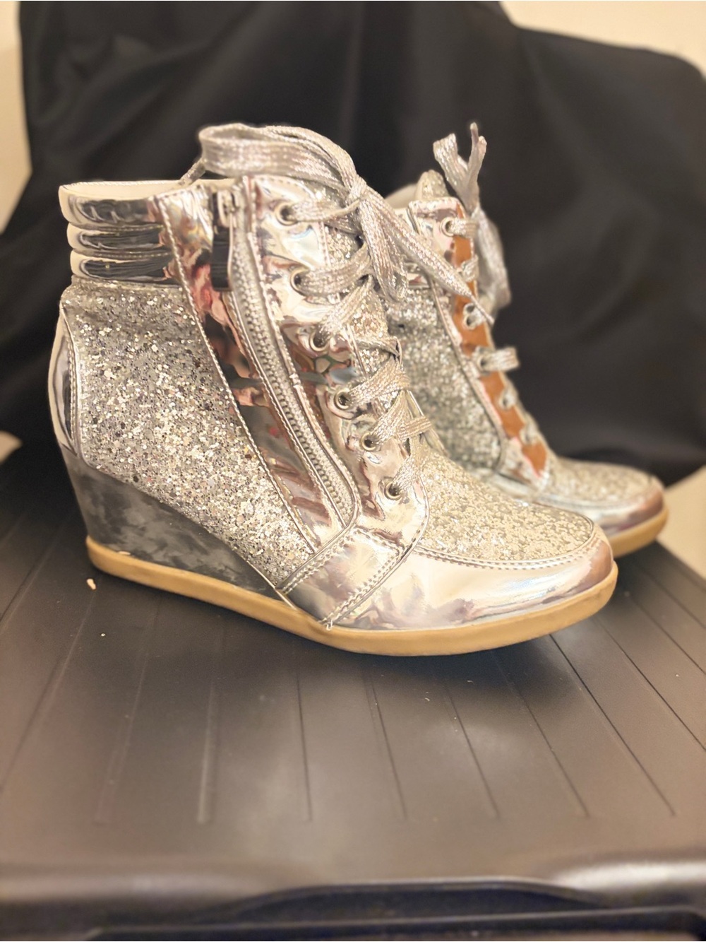Women's Silver Glitter Wedge Sneakers - Fashion Hi-Top